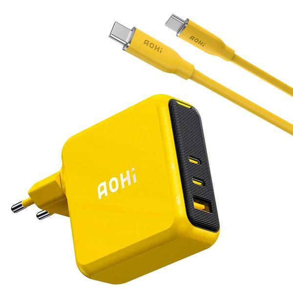 Aohi Magcube 140W 3 Portlu Şarj Adaptörü, 140W 1m PD 3.1 480Mbps Süper Hızlı Şarj/Data Kablosu Seti - Image 1