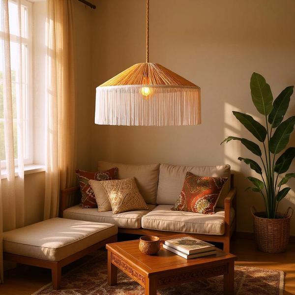 Japon Şapkası Rafya beyaz Püsküllü Avize çap 50 - Image 1