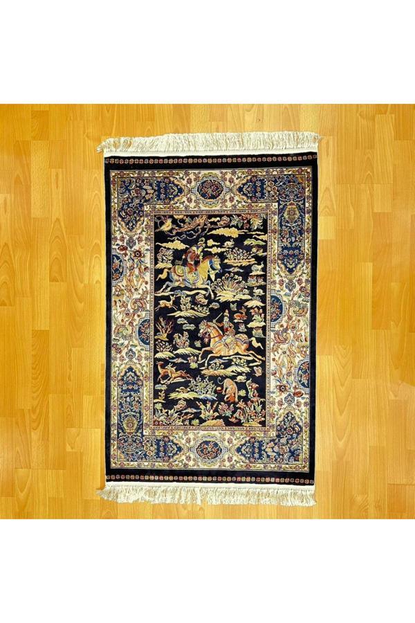 Şehname Motifli 80 X 120 CM İpek Halı Siyah - Image 1
