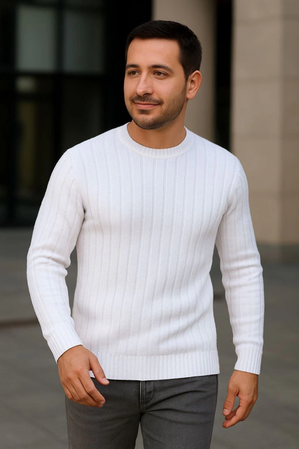 VF-Bisiklet Yuvarlak Yaka Triko Kazak Pamuklu Kalın Fitilli Dokuma, Regular Fit Uzun Kollu Kışlık Model - Beyaz - Image 1