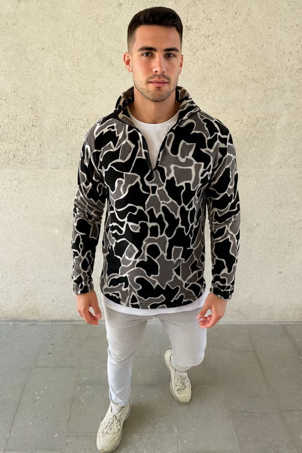 VF-Yarım Fermuarlı Desenli Polar Sweat Yakalı, Uzun Kollu, Oversize Rahat Kalıp - Siyah - - Image 1