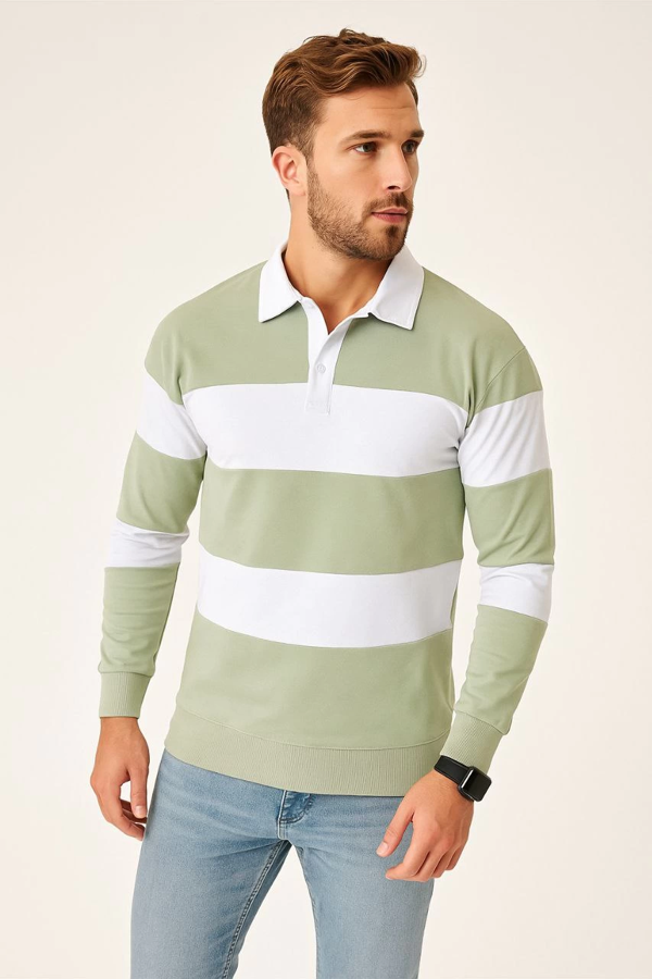 VF-Polo Yaka Uzun Kollu Çizgili Sweatshirt Trend Rugby Stil - Mint Yeşili - Image 1