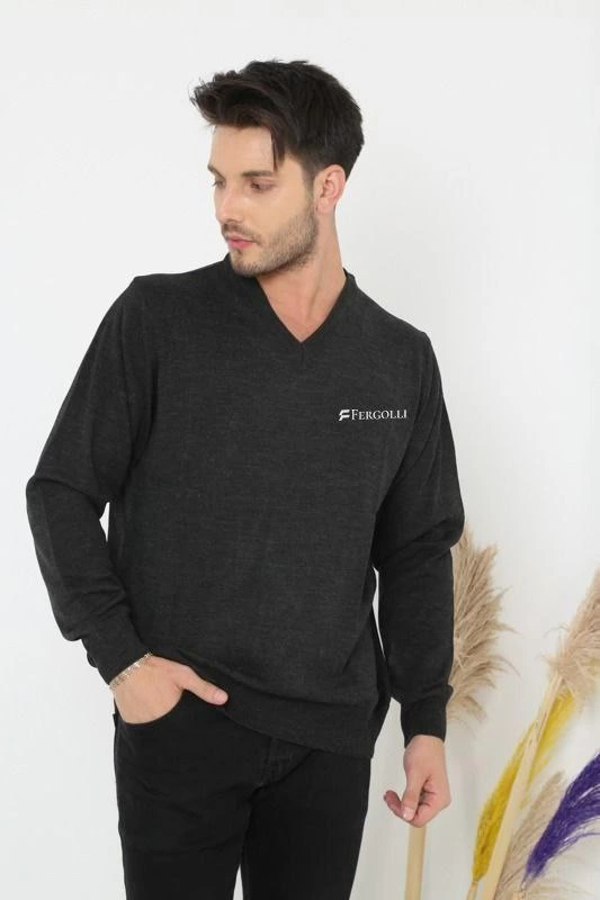 VF-Baskılı V Yaka Uzun Kol Dokuma Triko - Füme - - Image 1