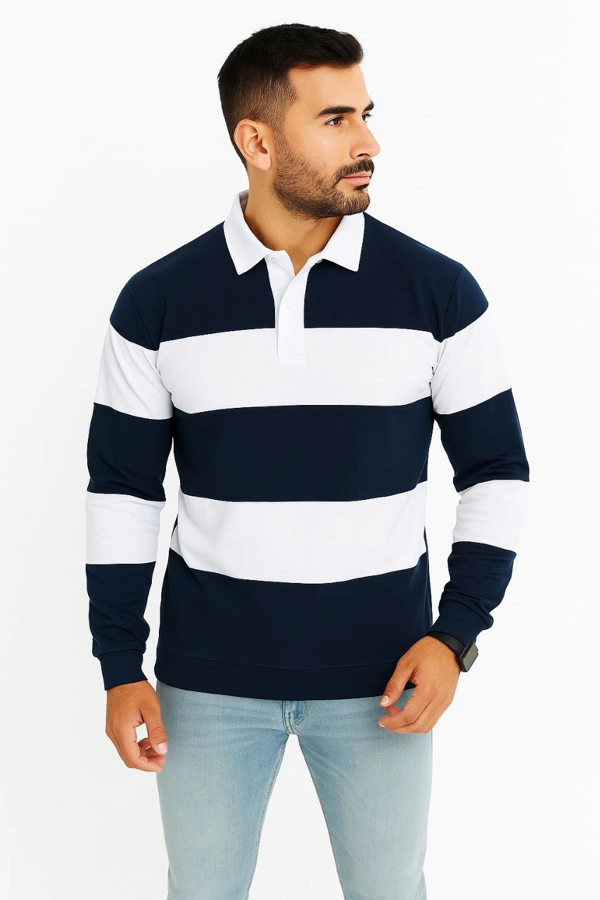 VF-Polo Yaka Uzun Kollu Çizgili Sweatshirt Trend Rugby Stil - Lacivert - Image 1