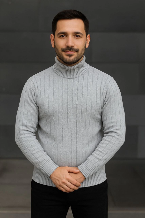 VF-Balıkcı Yaka Bağazlı Triko Kazak Pamuklu Kalın Fitilli Dokuma, - Gri - Image 1