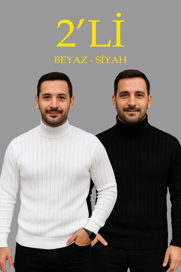 VF-Erkek Fitilli Triko Kazak 2'li Set Beyaz Siyah Regular Balıkcı Yaka Tam Boğazlı Triko Seti Modeli Kazak - Image 1