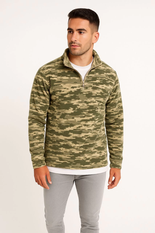 VF-Yarım Fermuarlı Desenli Polar Sweat – Haki - - Image 1