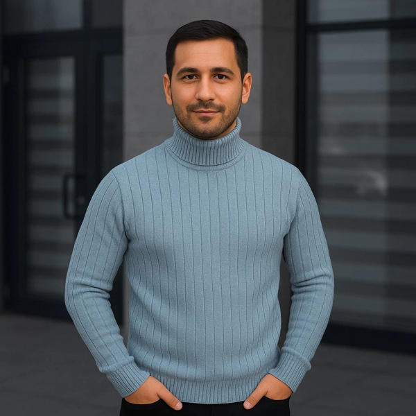 VF-Balıkcı Yaka Bağazlı Triko Kazak Pamuklu Kalın Fitilli Dokuma, Regular - Bebe Mavisi - Image 1