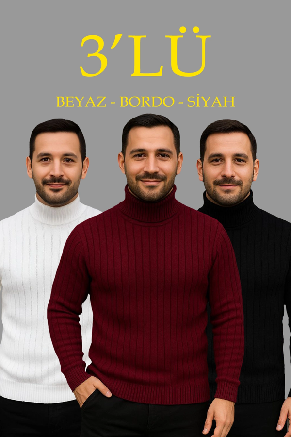 VF-Erkek Fitilli Triko Kazak 3'lÜ Set Beyaz Bordo Siyah Regular Balıkcı Yaka Tam Boğazlı Triko Seti Modeli Kazak - Image 1