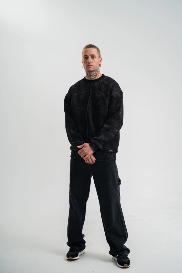 VF-Bisiklet Yaka Özel Pis Dikişli Yıkamalı SweatShirt - Siyah - - Image 1