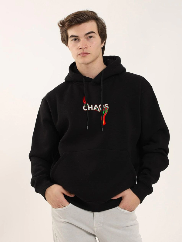 VF-Baskılı Oversize Üç İplik Kapüşonlu Sweatshirt - Siyah - - Image 1