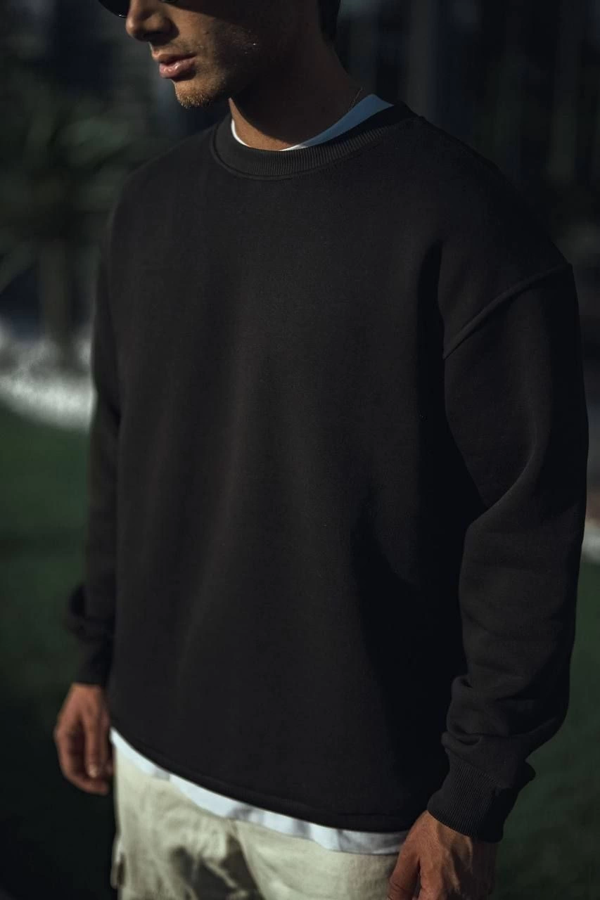 VF-Kışlık Bisiklet Yaka Üç İplik Basic SweatShirt - Siyah - - Image 1