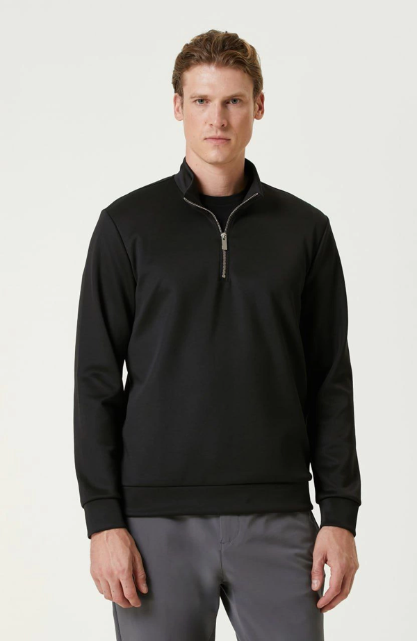 VF-Uzun Kol Yarım Farmuarlı Yakalı Basic SweatShirt - Siyah - - Image 1