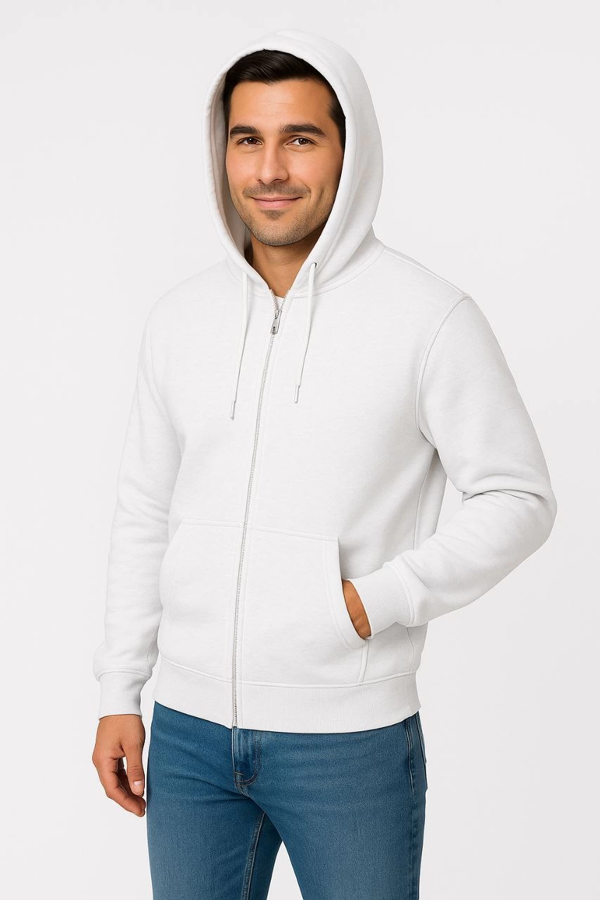 VF-Üç İplik Kapüşonlu Tam Fermuarlı Kanguru Cepli SweatShirt Hoodie - Beyaz - - Image 1