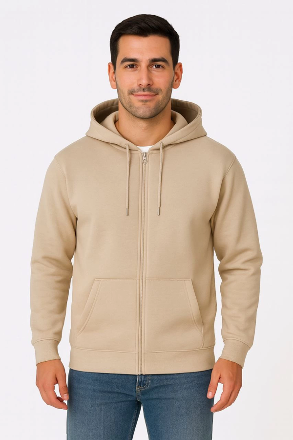 VF-Üç İplik Kapüşonlu Tam Fermuarlı Kanguru Çepli SweatShirt Hoodie - Bej - - Image 1