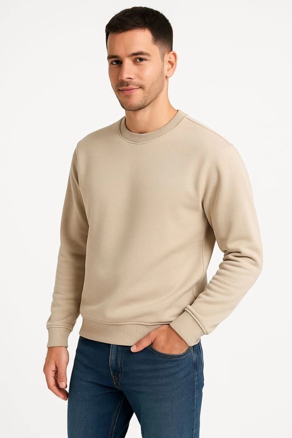 VF-Üç İplik Düz Bisiklet Yaka SweatShirt - Bej - - Image 1