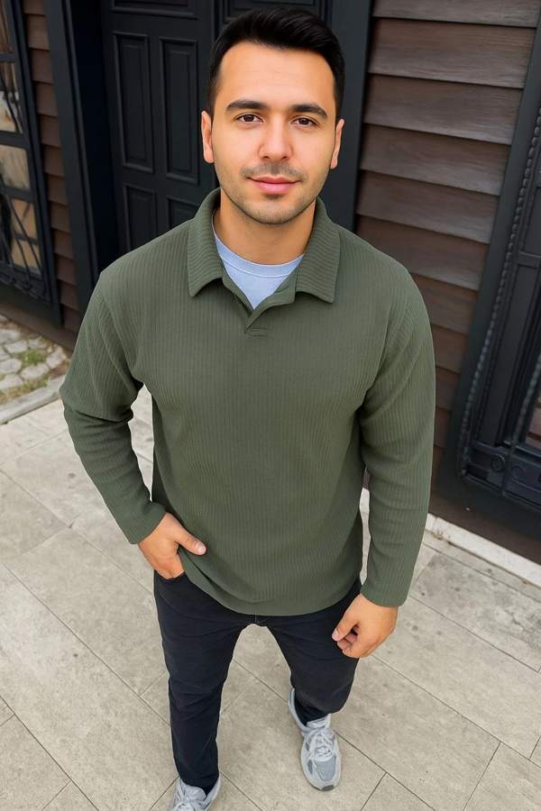 VF-Fitilli Polar Sweatshirt – Düğmesiz Polo Yaka, Oversize Rahat Kalıp, Kalın Polar Kumaş, Kışlık ve Baharlık Şık Günlük Üst - Haki - Image 1