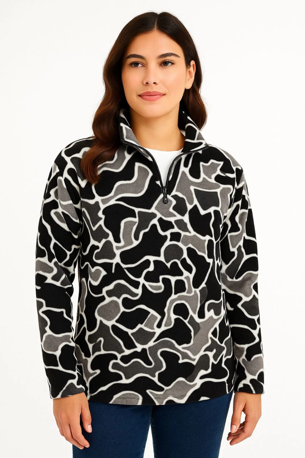 VF-Yarım Fermuarlı Desenli Polar Sweat Yakalı, Uzun Kollu, Oversize Rahat Kalıp - Siyah - - Image 1