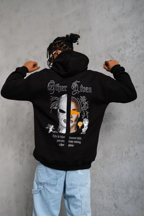 VF-Kapşonlu Sweatshirt“Other Lives” Ön  Arka Baskılı Siyah - - Image 1