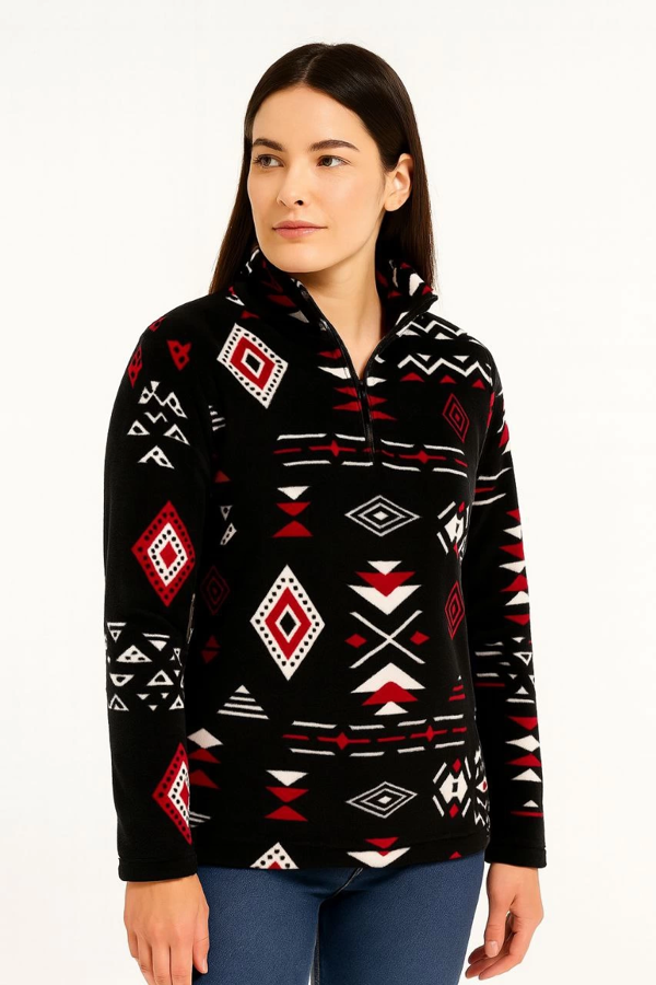VF-Yarım Fermuarlı Desenli Polar Sweat Tribal Etnik Desen Yakalı, Uzun Kollu, Oversize Rahat Kalıp - Siyah - - Image 1