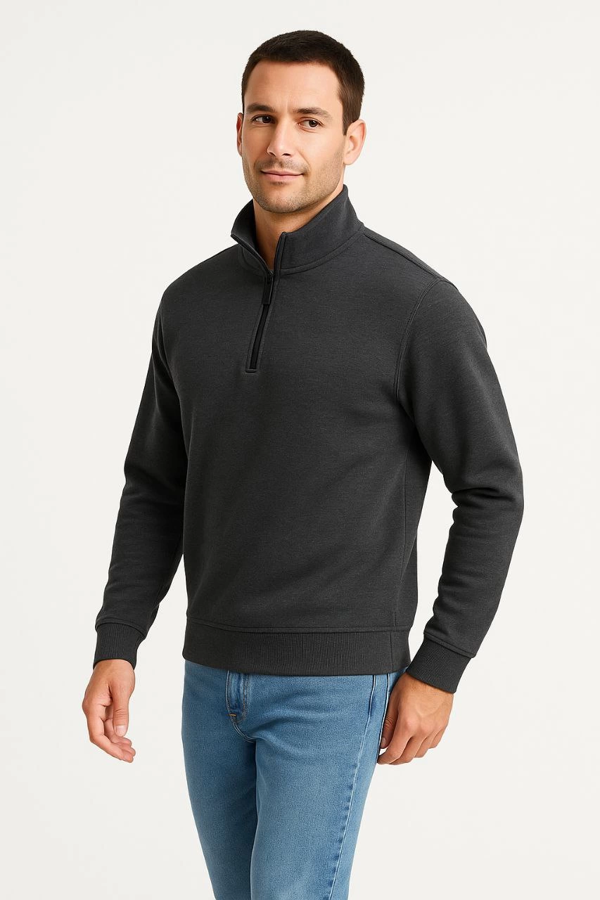 VF-Dik Yaka Sweatshirt Dik Yaka Yarım Fermuarlı 3 İplik Şardonlu Pamuk Kumaş - Antrasit - - Image 1