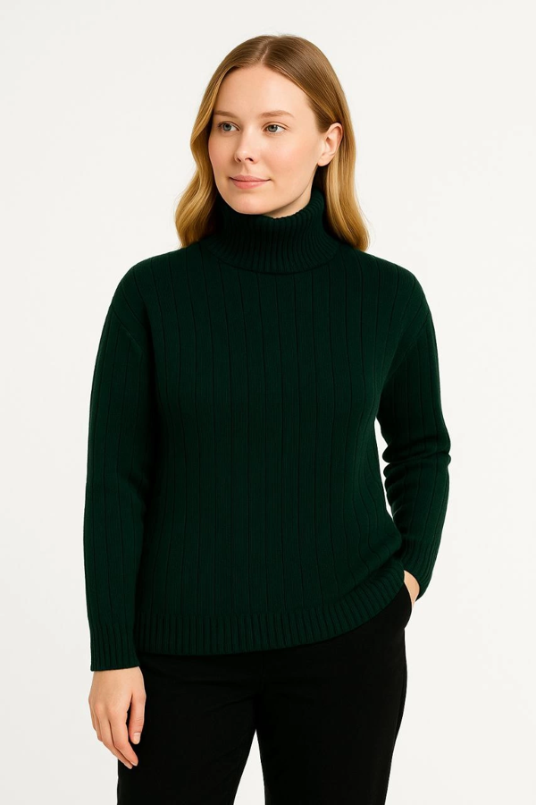 VF-Balıkcı Yaka Bağazlı Triko Kazak Pamuklu Kalın Fitilli Dokuma - Haki - Image 1