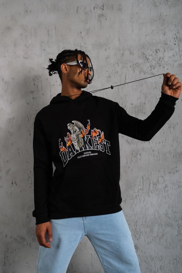 VF-Oversize Kapüşonlu Sweatshirt – Siyah Renk Üç İplik İçi Pamuklu Kanguru Cepli Baskılı Hoodie Rahat Kalıp Kışlık Günlük Kombinlere Uygun - Siyah - - Image 1