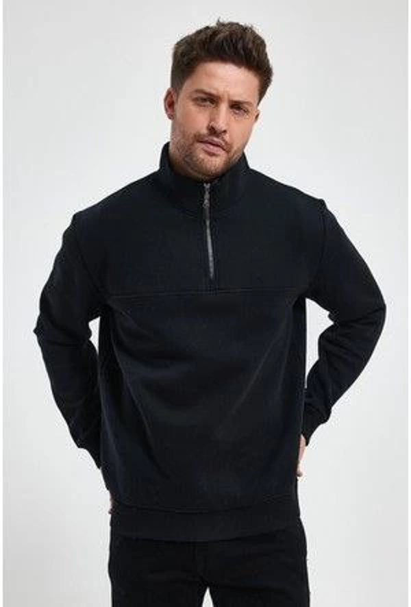 VF-Oversize Yarım Farmuarlı Yakalı Basic SweatShirt - Siyah - - Image 1