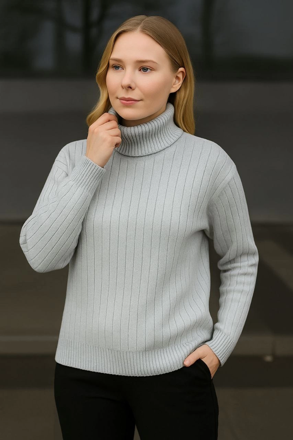 VF-Balıkcı Yaka Bağazlı Triko Kazak Pamuklu Kalın Fitilli Dokuma - Gri - Image 1