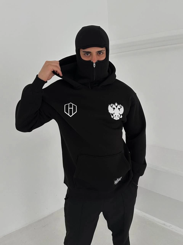 VF-Samuray Ninja Çift Kapşonlu ZIP Fermuarlı Kanguru Çepli Tam Fermuarlı Hoodie ön ve Arka Baskılı Maske Detaylı  sweatshirt - Siyah - Image 1