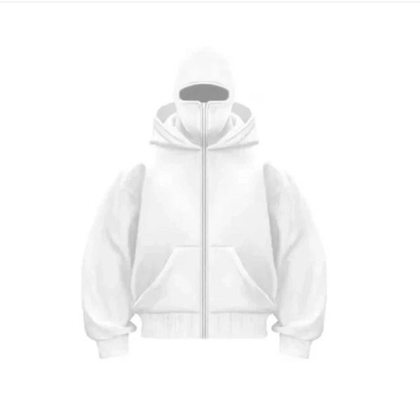 VF-Samuray Ninja Çift Kapşonlu ZIP Fermuarlı Kanguru Çepli Tam Fermuarlı Hoodie  sweatshirt - Beyaz - Image 1