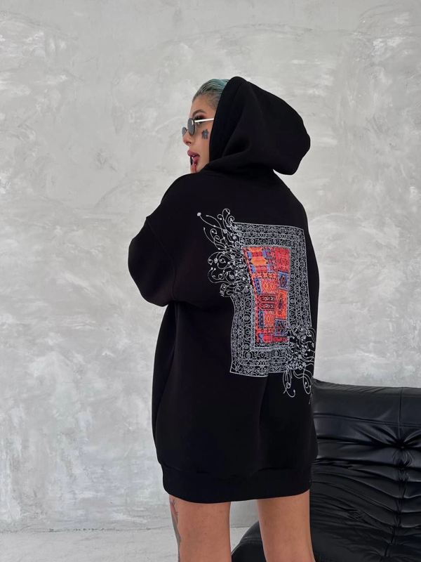 VF-Uzun Kol Kapüşonlu Ön Ve Arka Baskılı SweatShirt - Siyah - - Image 1