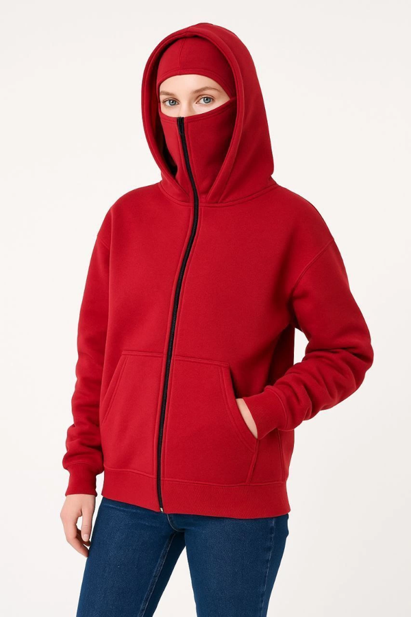 VF-Samuray Ninja Çift Kapşonlu ZIP Fermuarlı Kanguru Çepli Hoodie Maske detaylı  sweatshirt - Kırmızı - Image 1
