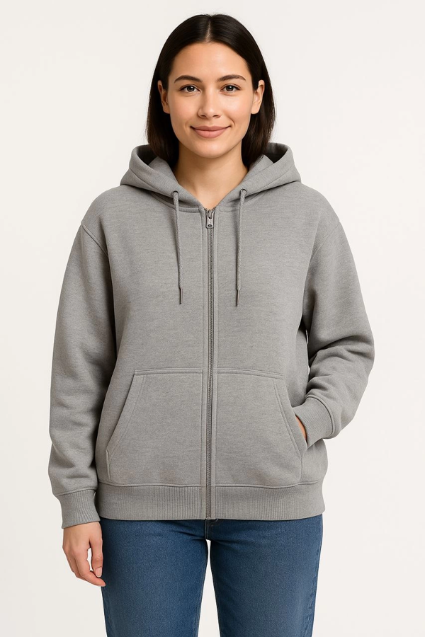 VF-Üç İplik Kapüşonlu Tam Fermuarlı Kanguru Çepli SweatShirt Hoodie - Gri - - Image 1