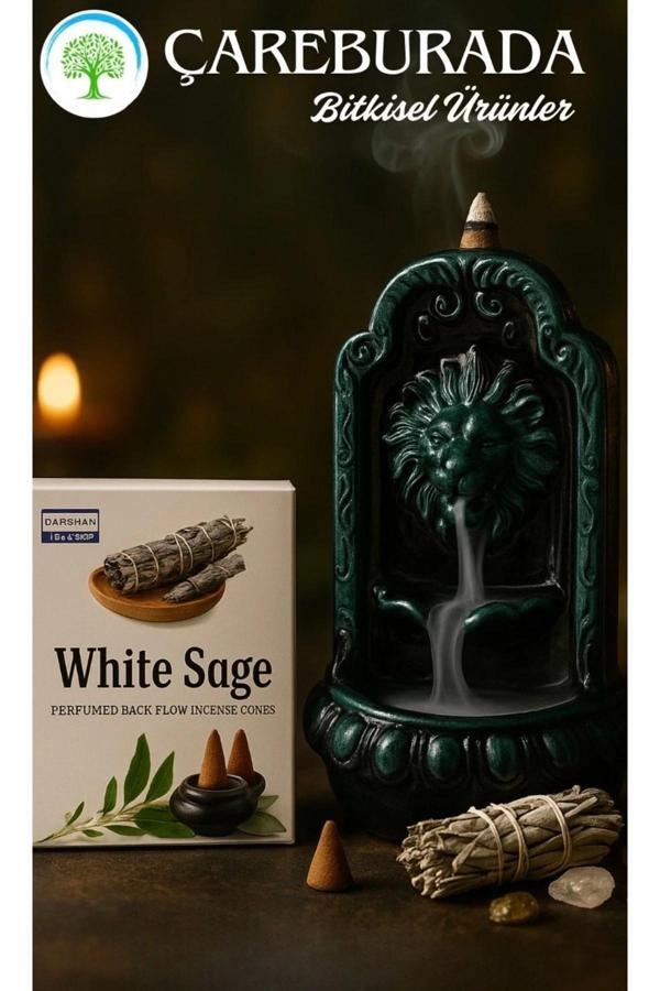 White Sage Geri Akış Tütsüsü + Aslan Ağzı Seramik Şelale Tütsülük - Image 1