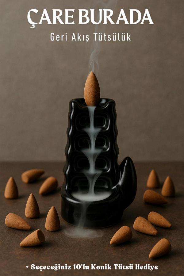 Siyah Basamaklı Geri Akış Tütsülük (Seçeceğiniz 10'lu Konik Tütsü Hediye) - Image 1