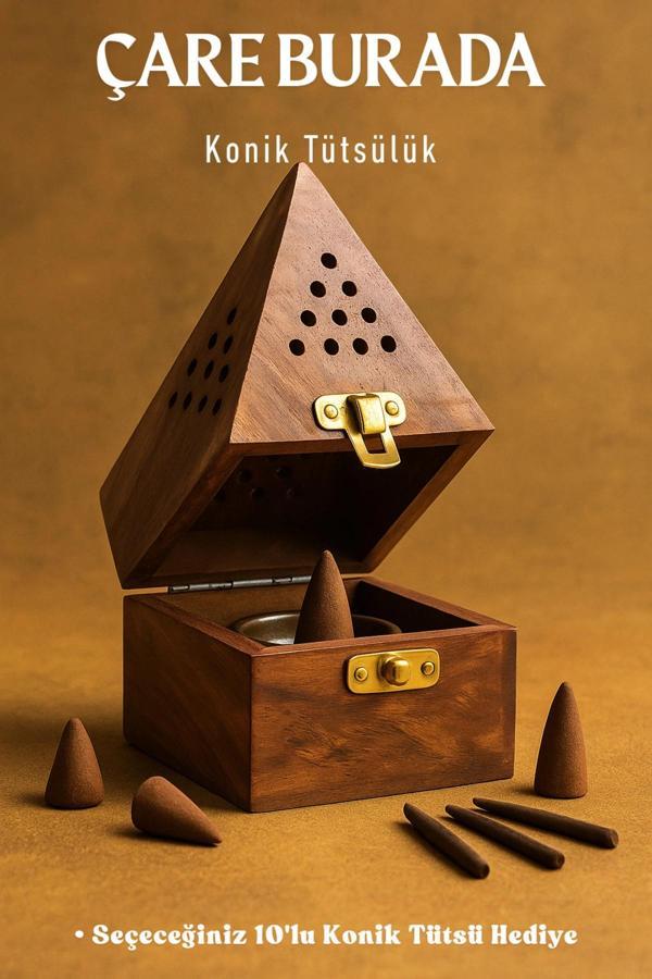 Ahşap Piramit Konik Tütsülük (Seçeceğiniz 10'lu Konik Tütsü Hediye) - Image 1