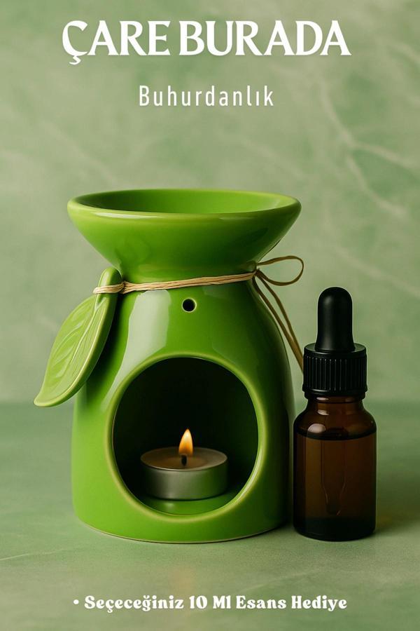 Yeşil Renk Yapraklı Buhurdanlık (Seçeceğiniz 10 Ml Esans Hediye) - Image 1