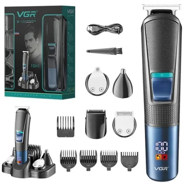 V-108 10 in 1 Profesyonel Erkek Bakım Seti - Standlı, LED Ekranlı Saç Sakal ve Vücut Tıraş Makinesi - Image 1