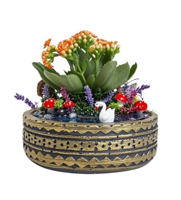 Kokulu Lavantalı Ring Saksıda Sarı Kalanchoe Teraryum - Image 1