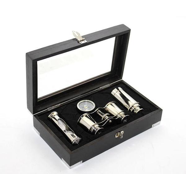 MDB Ahşap Kutulu Pirinç Dürbün Pusula Ve Kum Saati Seti - Image 1