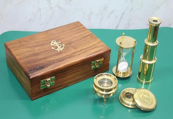 MDB Ahşap Kutulu Dürbün, Kum Saati, Büyüteç, Pusula Seti - Image 1