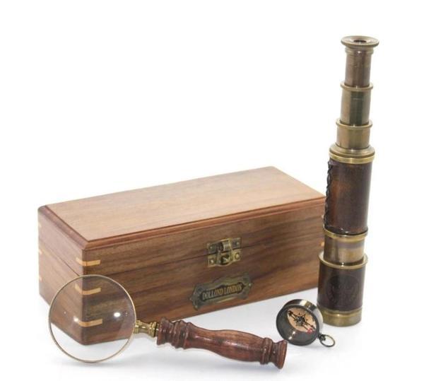 MDB Ahşap Kutu Pirinç Pusula, Dürbün, Büyüteç, Seti Model 2 - Image 1