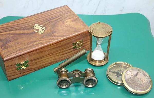 MDB Ahşap Kutulu Pirinç Pusula, Kum Saati, Dürbün Seti - Image 1