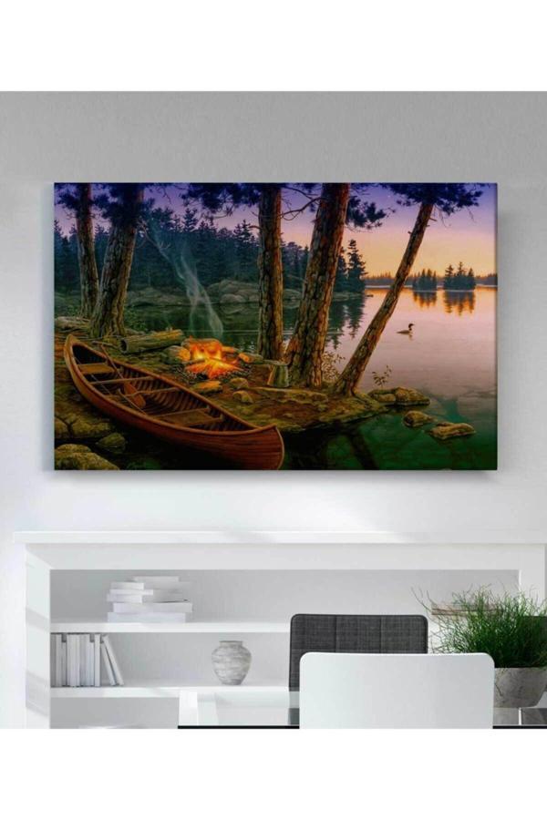 Romantik Arka Plan Göl Ağaçları Tekne Ateşi Kanvas Tablo - Image 1