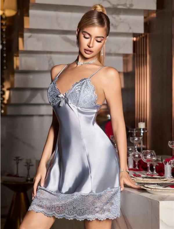 Amora Secret Vizon Dantel Detaylı İnce Askılı Saten Kısa Gecelik - Image 1