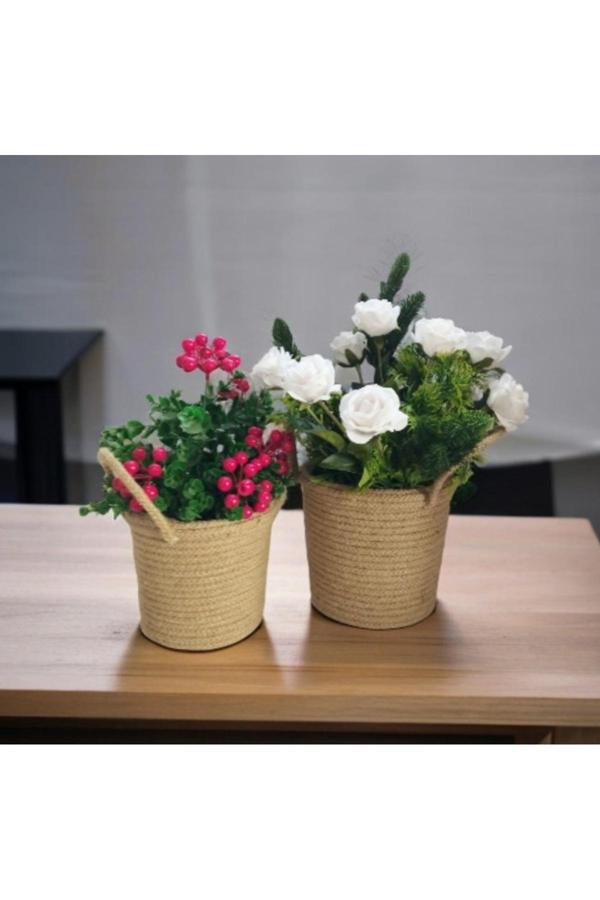 Bayram Taşçıoğlu Home Desing 2 Adet Hasır Görünümlü Saksı, Saksılık, Hediyelik Sepet, Düzenleyici - Image 1