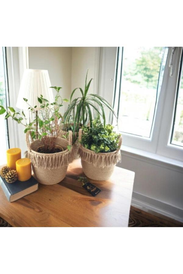 Bayram Taşçıoğlu Home Desing 3 Adet Hasır Jüt Sepet Dekoratif Sepet Hediye Sepeti Saksılık Düzenleyici Saksı Giydirme Sepeti - Image 1