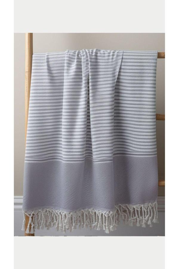 Vivesta Home %100 Pamuk İnce Çizgili Gri Beyaz 90X170 Cm Peştemal Plaj Havlusu - Image 1