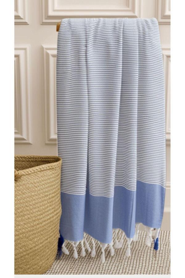 Vivesta Home %100 Pamuk İnce Çizgili Mavi Beyaz 90X170 Cm Peştemal Plaj Havlusu - Image 1